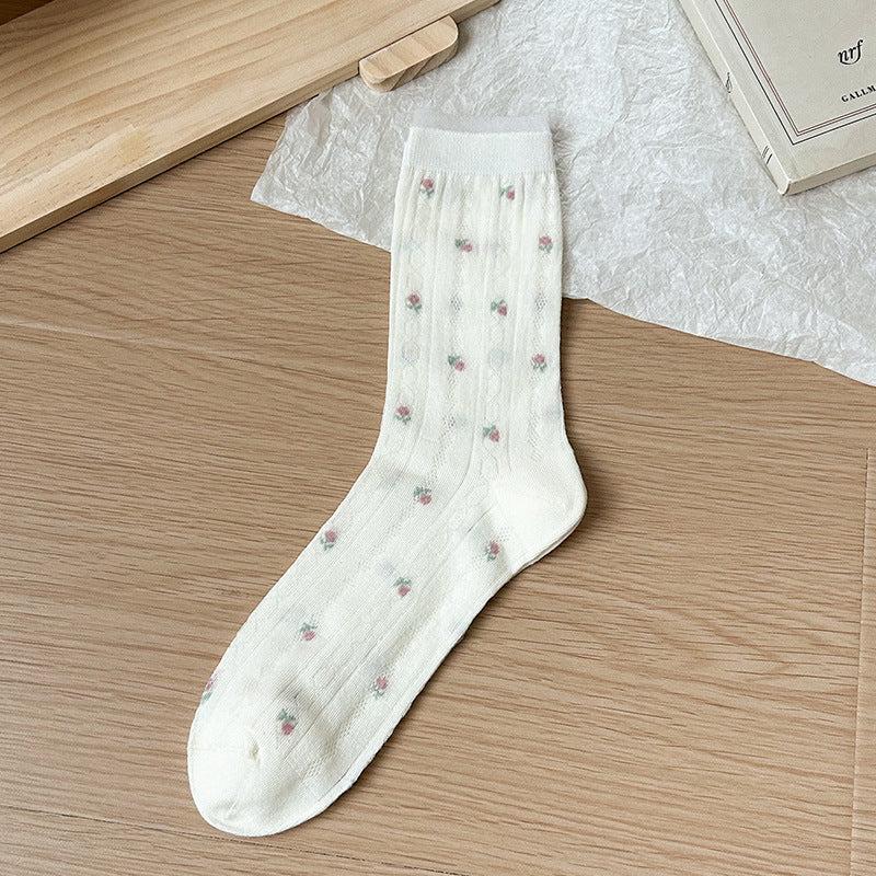 Floral Mesh Cotton Crew Socks for Women | Breathable Spring Summer