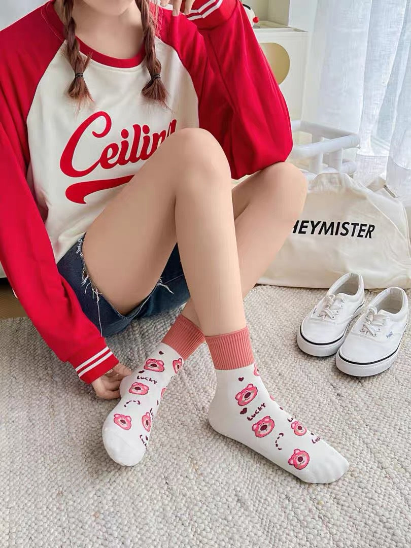 Cute Cotton Novelty Crew Socks | Strawberry Bear Print for Women