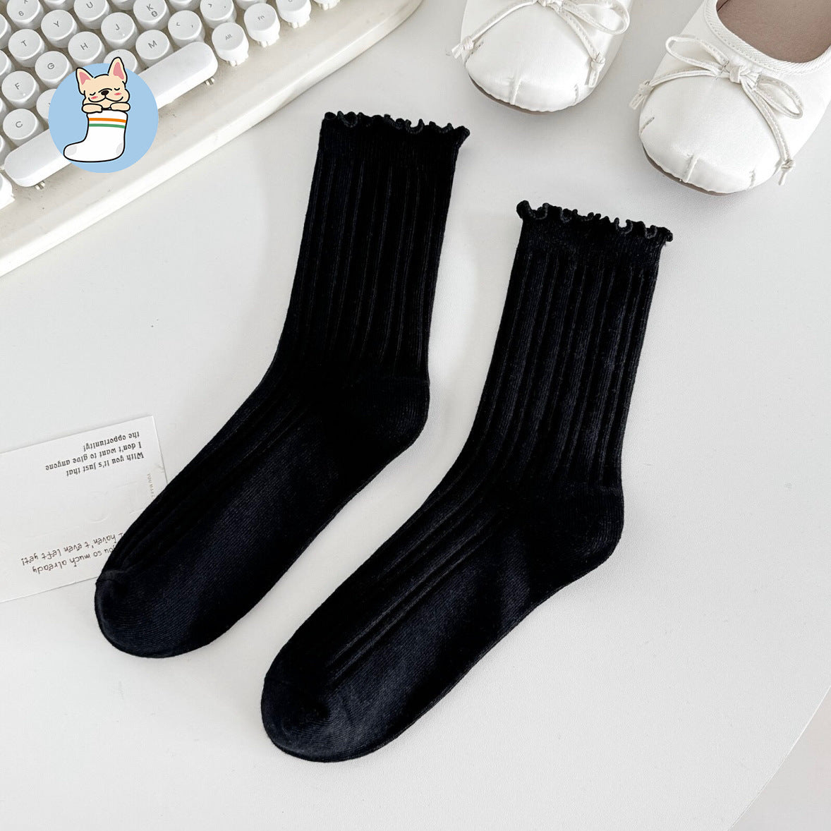 Ruffle Trim Solid Cotton Crew Socks for Women