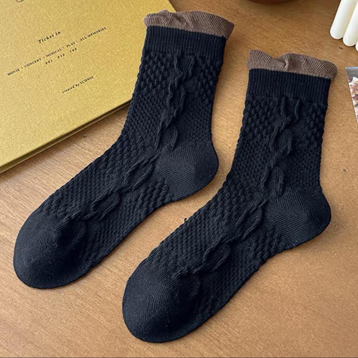Cable Knit Crew Socks for Women | Breathable Ruffle Trim Cozy Socks