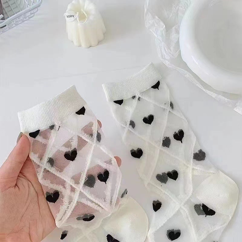 Sheer Heart Pattern Crew Socks | Sweet Transparent Summer Socks