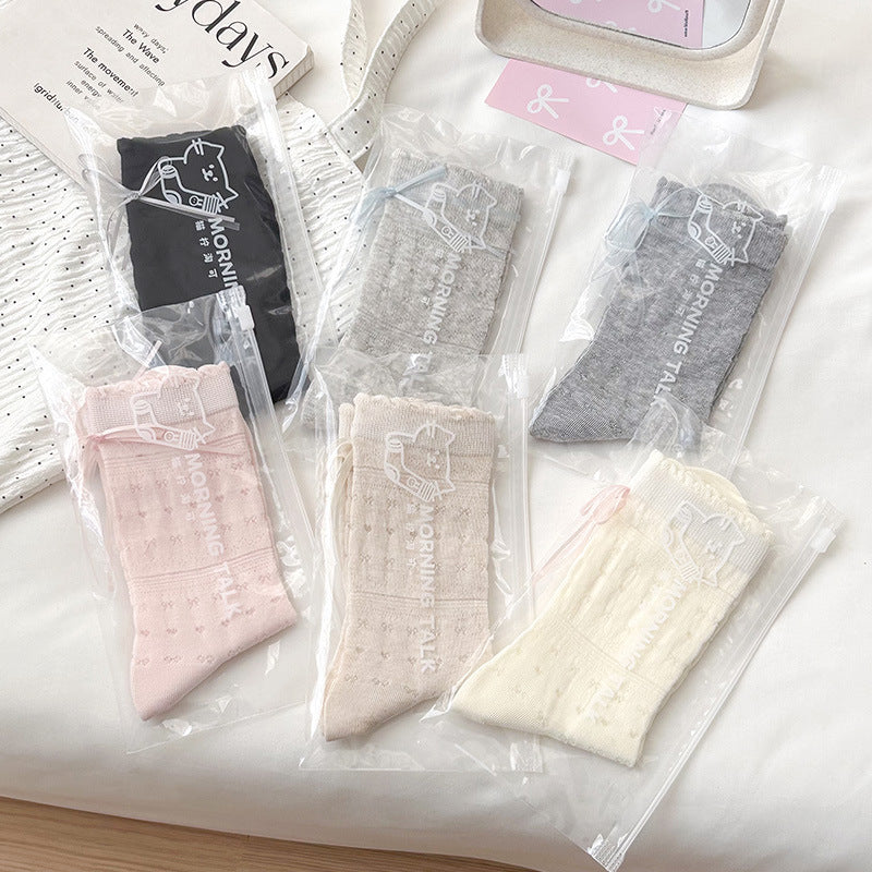 Sheer Cotton Crew Socks for Women | Bow Back Lace Trim