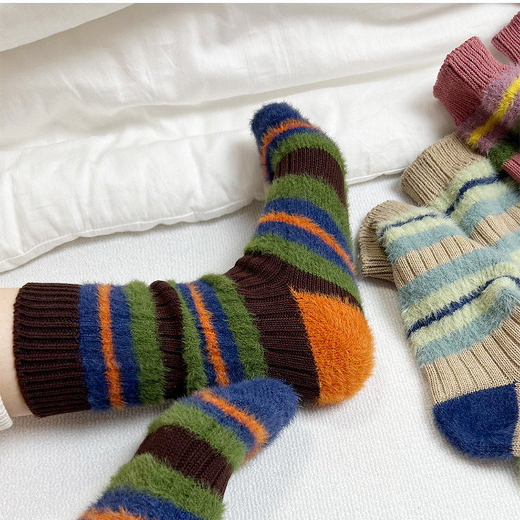 Women's Cozy Fuzzy Striped Crew Socks | Warm Winter Lounge Socks