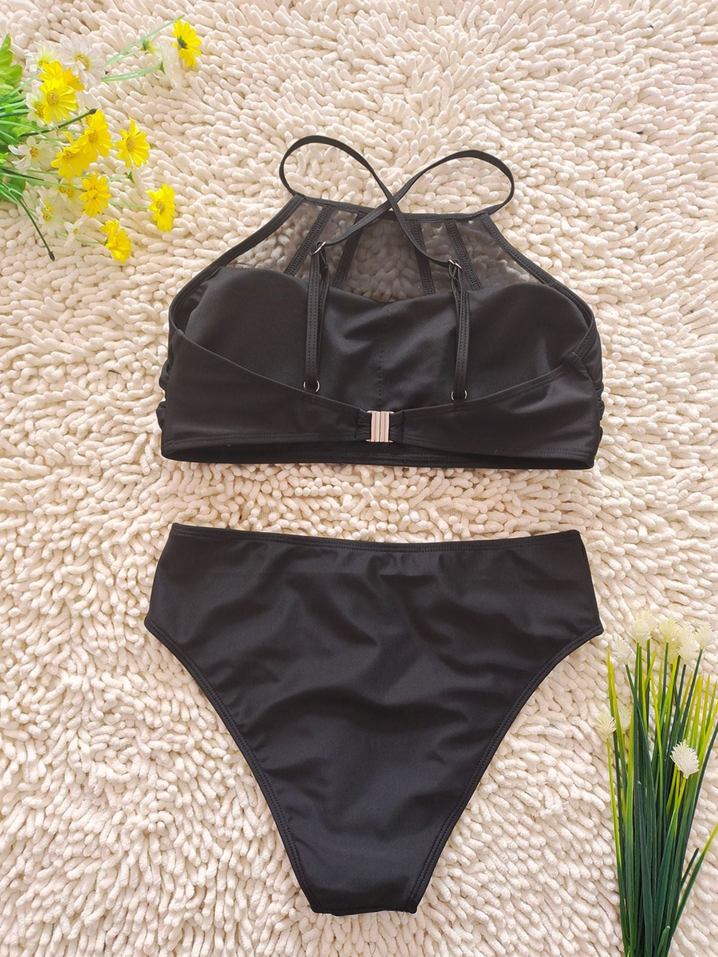 Black Mesh Halter High-Waist Bikini Set | Sexy Women's Swimwear