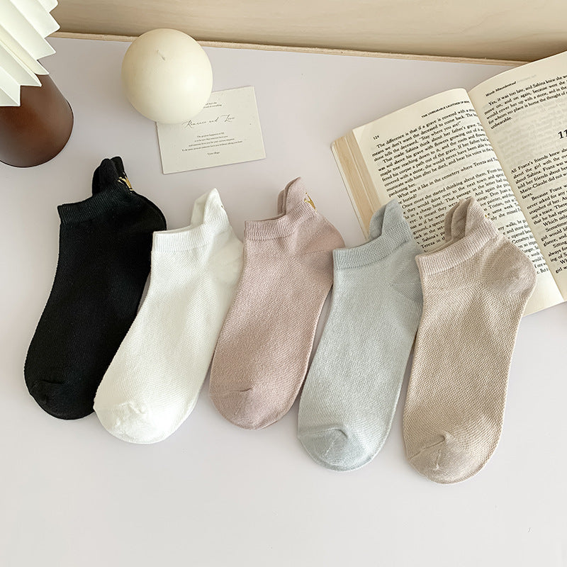 Embroidered Crown No-Show Socks | Breathable Summer Mesh Socks for Women