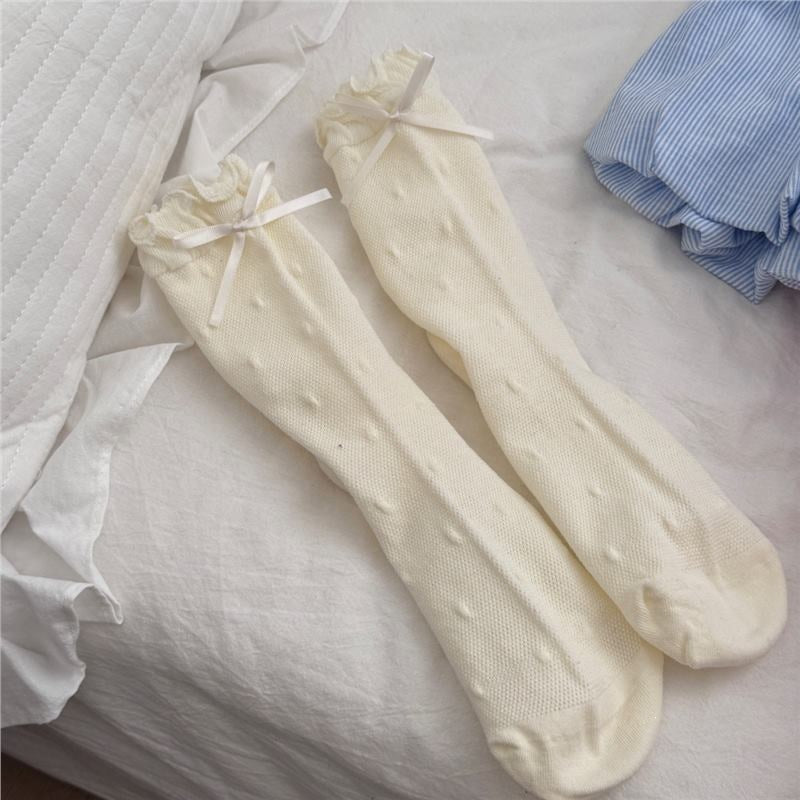 Ruffled Polka Dot Crew Socks for Women | Breathable Bow Socks