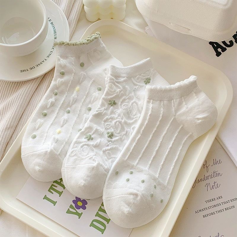Cute Ruffled Ankle Socks for Women | Fresh White Green Cotton Socks