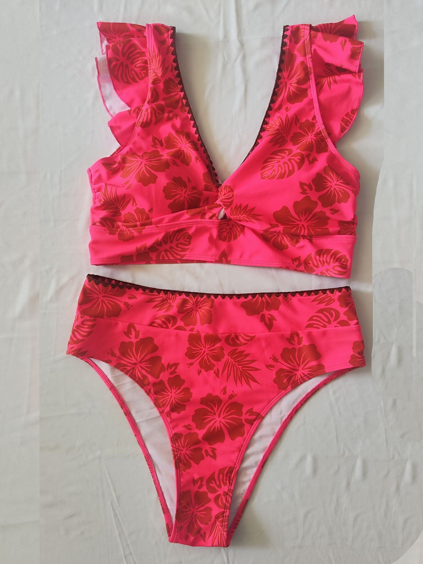 Bright Pink Floral Ruffle V-Ne Plus Size Bikini Set