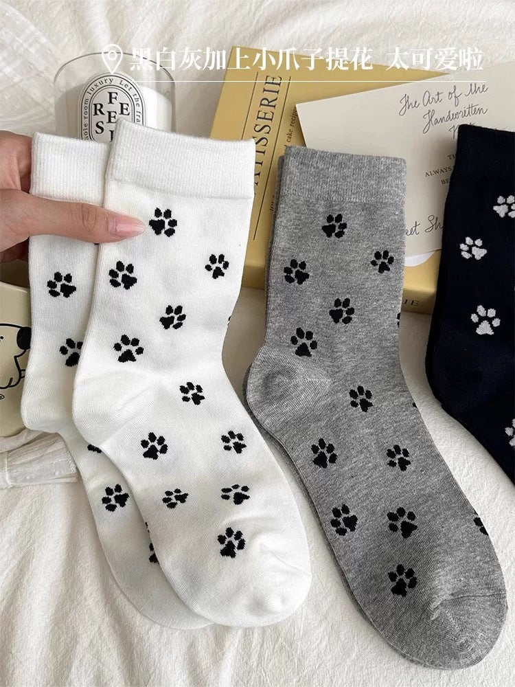 Playful Cat Paw Cotton Crew Socks for Women | Casual Patterned