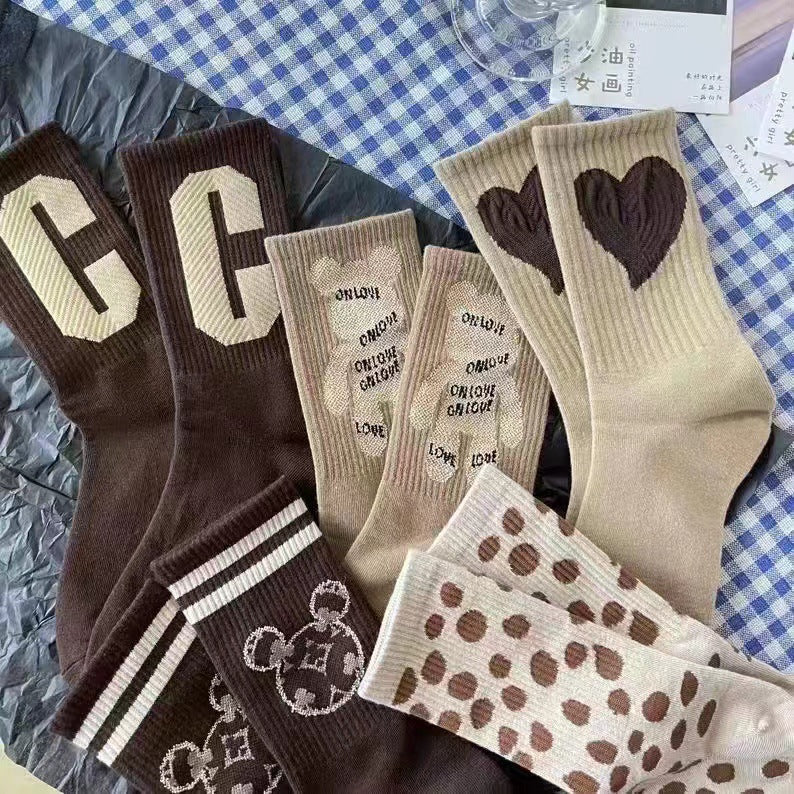 Cute Brown Patterned Crew Socks for Women | Soft Cotton