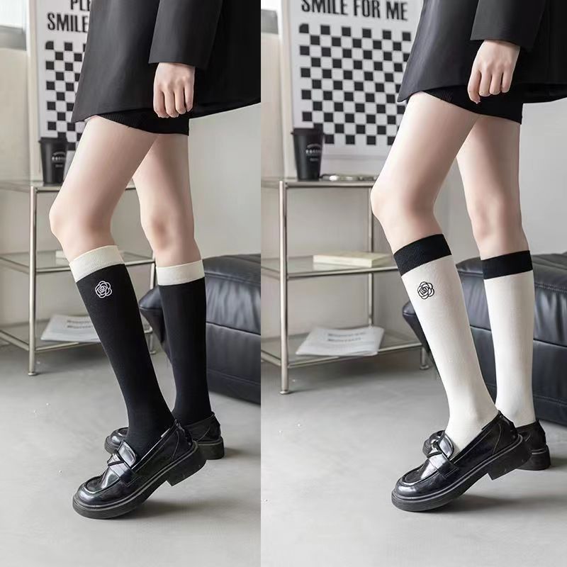 Embroidered Camellia Knee High Socks for Women | Chic JK Style