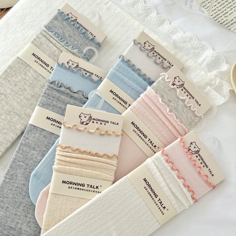Women's Ruffled Cotton Crew Socks | Seamless Breathable Summer Socks