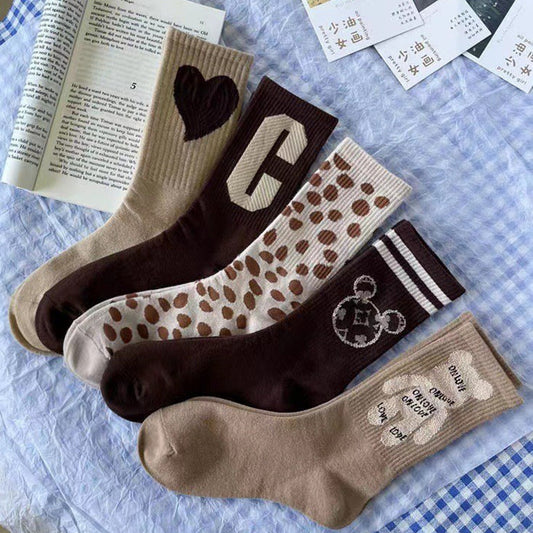 Cute Brown Patterned Crew Socks for Women | Soft Cotton