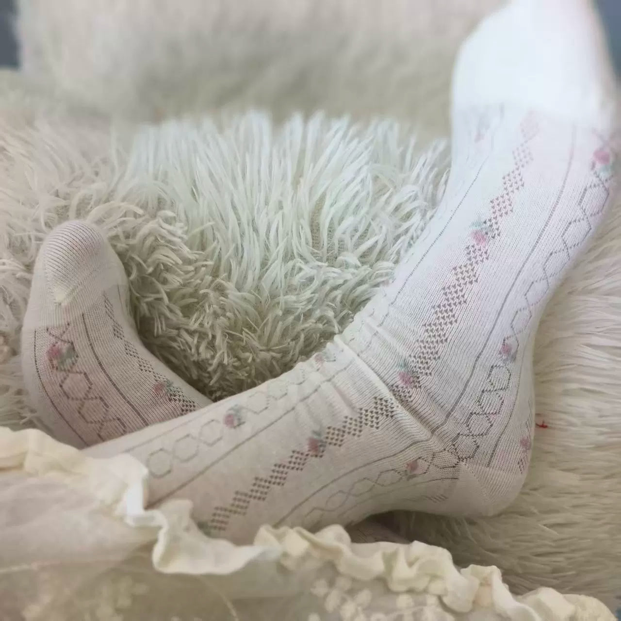 Floral Mesh Cotton Crew Socks for Women | Breathable Spring Summer