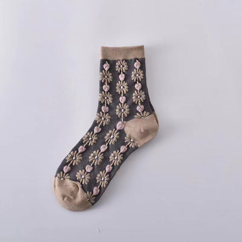 Vintage Floral Crew Socks for Women | Textured Retro Cotton Socks
