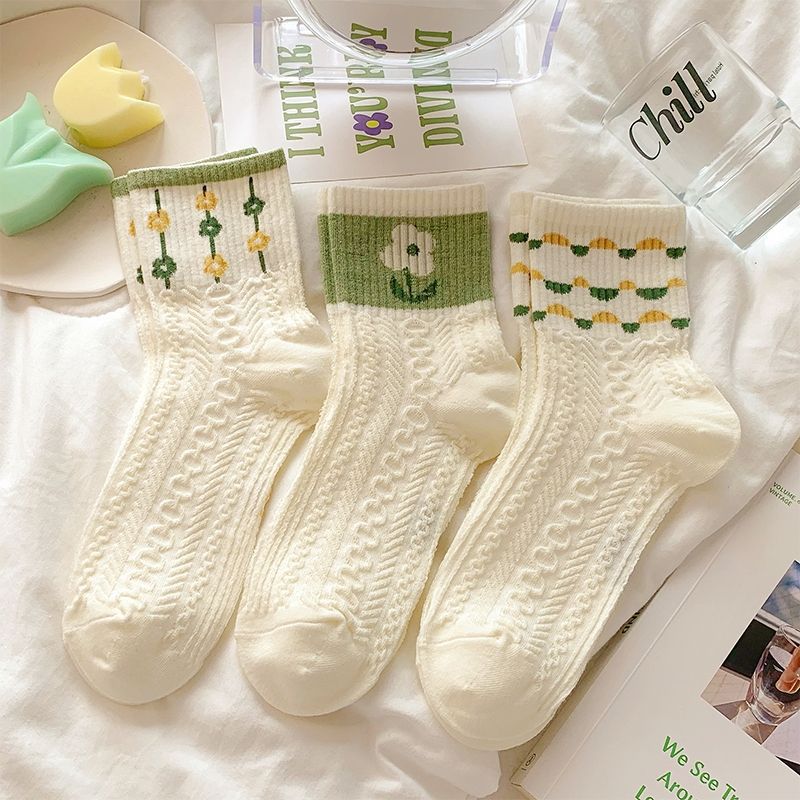 Cotton Floral Crew Socks for Women | Green Patterned Casual Socks
