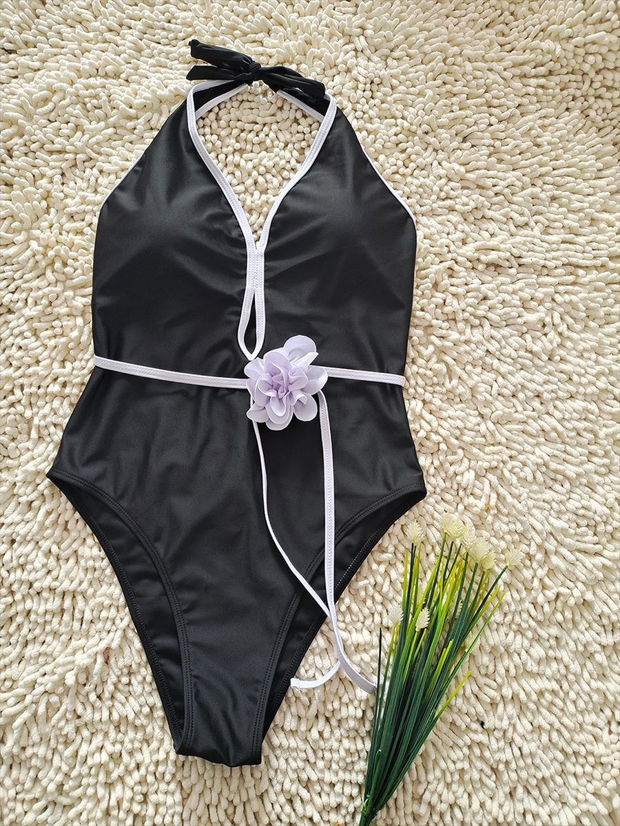 Black 3D Flower Halter One-Piece Swimsuit | Flattering Swimwear
