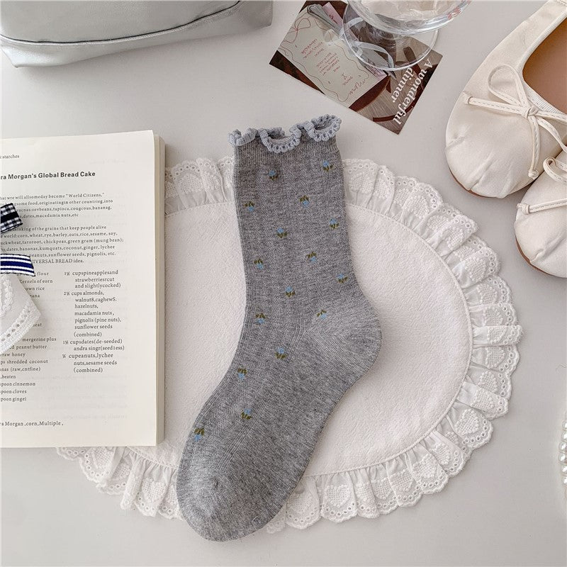 Floral Ruffle Crew Socks for Women | Thin Breathable Spring Socks