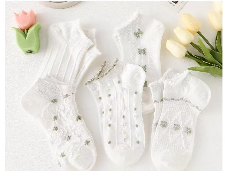 Cute Ruffled Ankle Socks for Women | Fresh White Green Cotton Socks