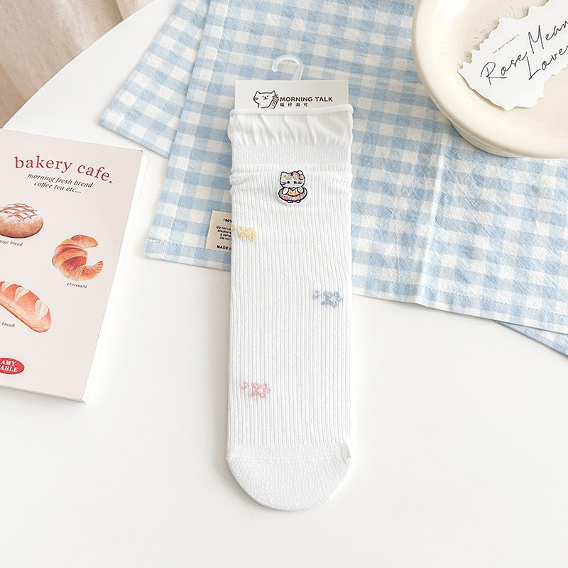 Cute Embroidered Cat Cotton Crew Socks for Women
