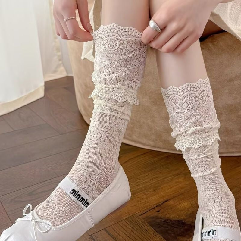 Lace Ruffle Mid Calf Socks | Sheer Kawaii Socks for Women