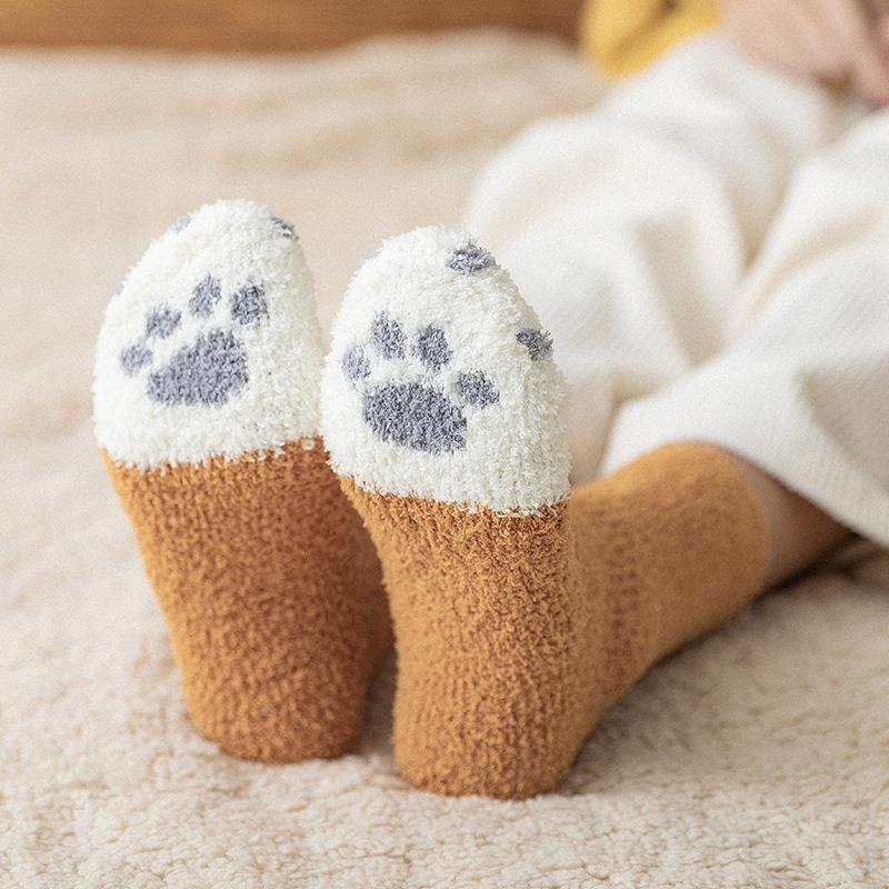 Fuzzy Cat Paw Cozy Crew Socks | Warm Winter Lounge Socks