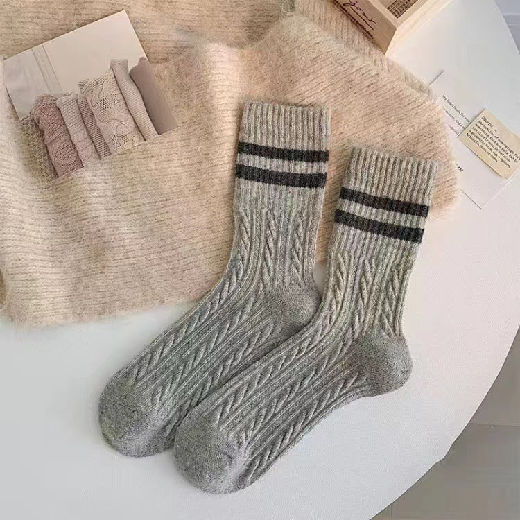 Cable Knit Two-Stripe Cozy Crew Socks for Women