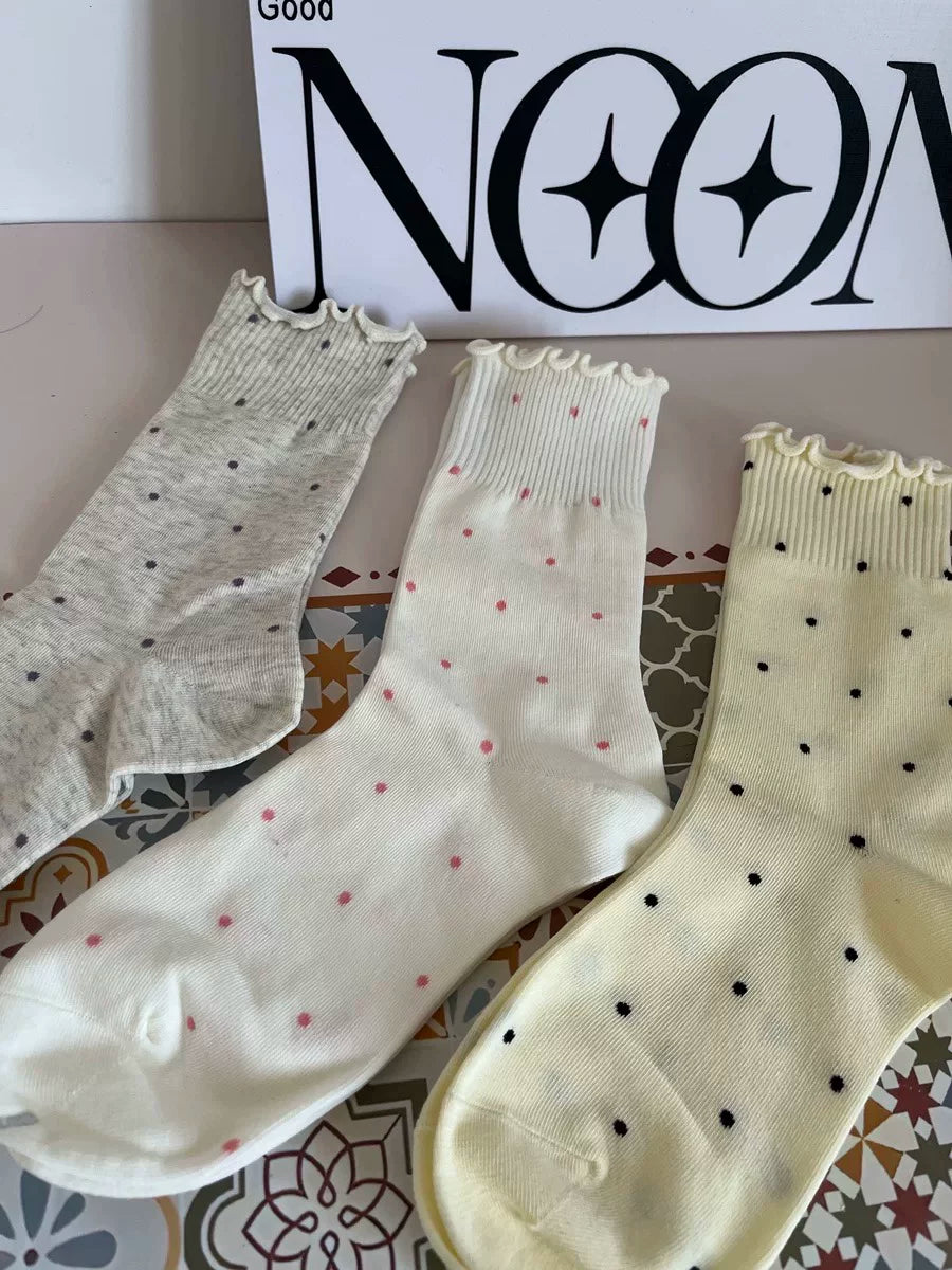 Ruffled Polka Dot Cotton Crew Socks for Women