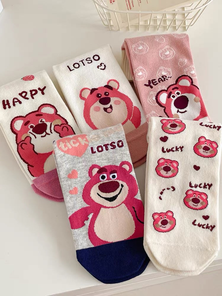 Cute Cotton Novelty Crew Socks | Strawberry Bear Print for Women