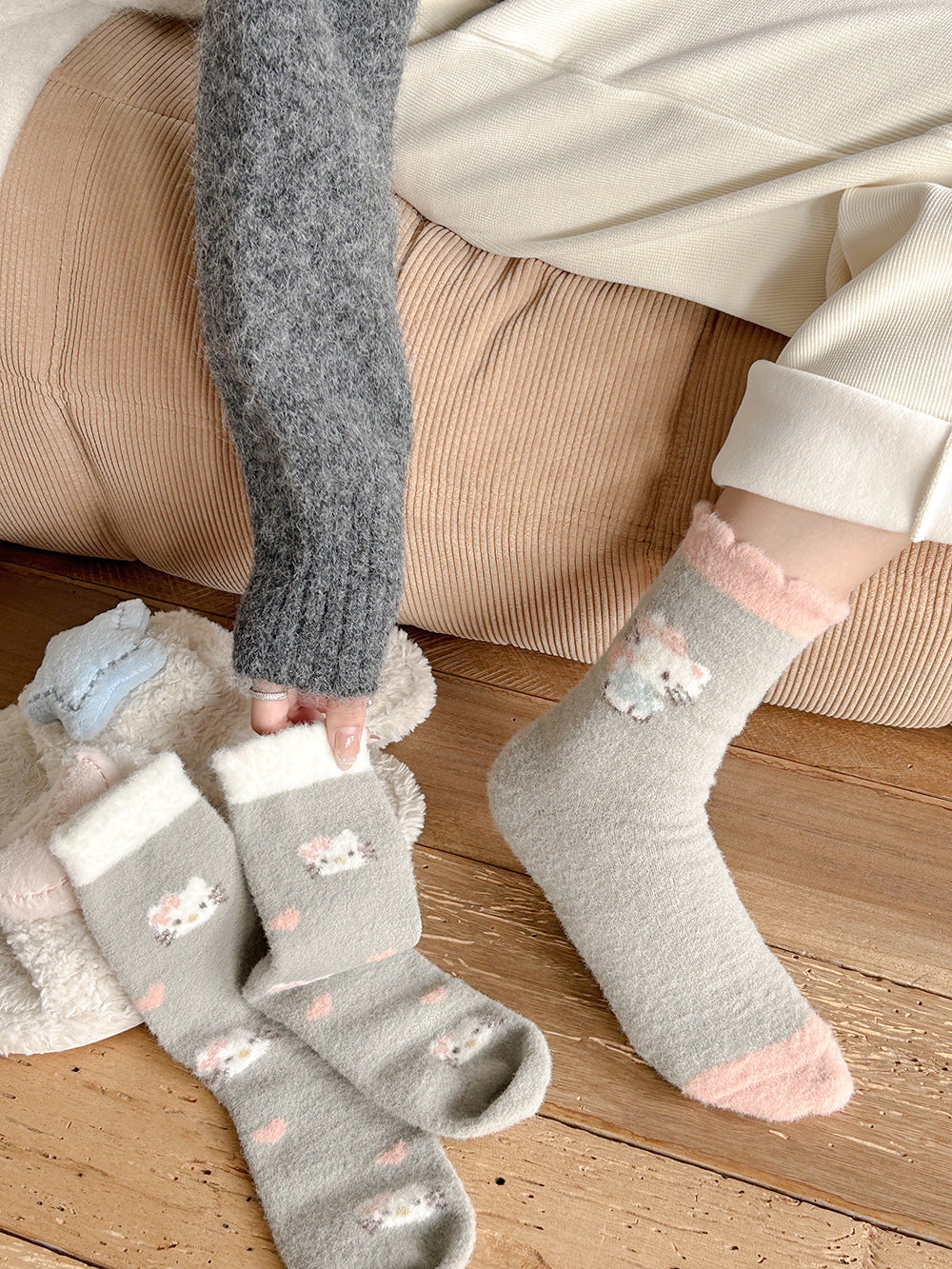 Cute Fuzzy Cozy Crew Socks | Hello Kitty Winter Socks for Women
