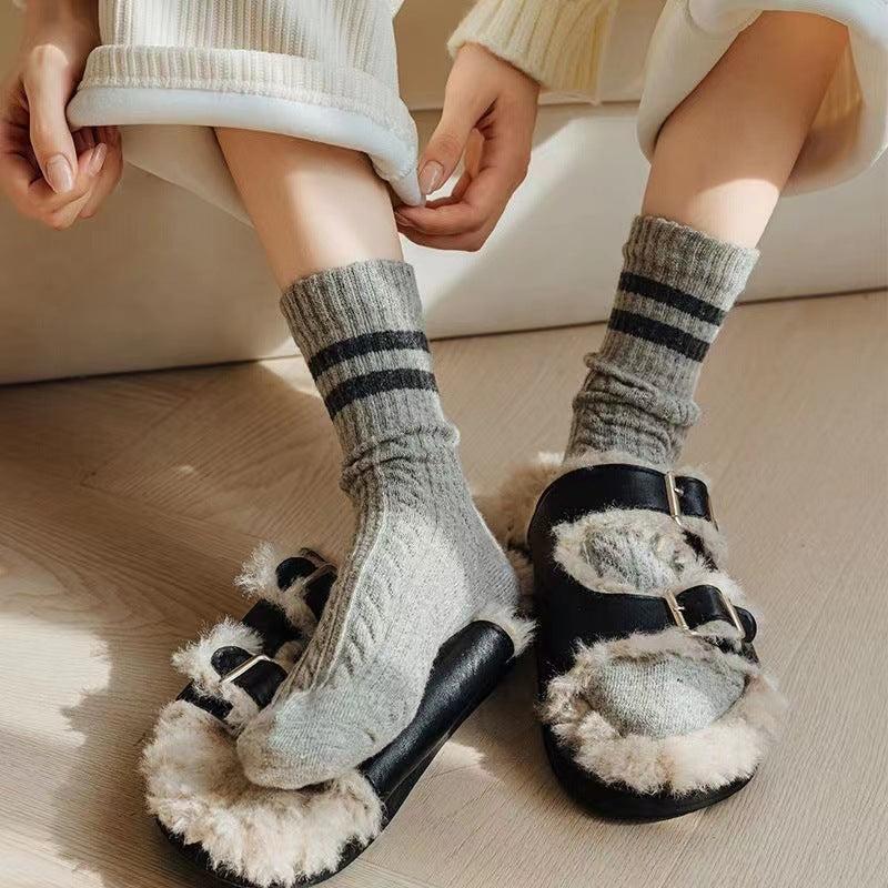 Cable Knit Two-Stripe Cozy Crew Socks for Women