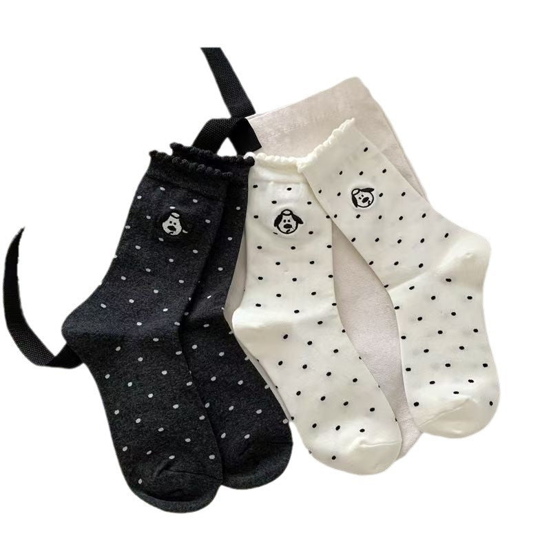 Cute Embroidered Dog Polka Dot Crew Socks for Women