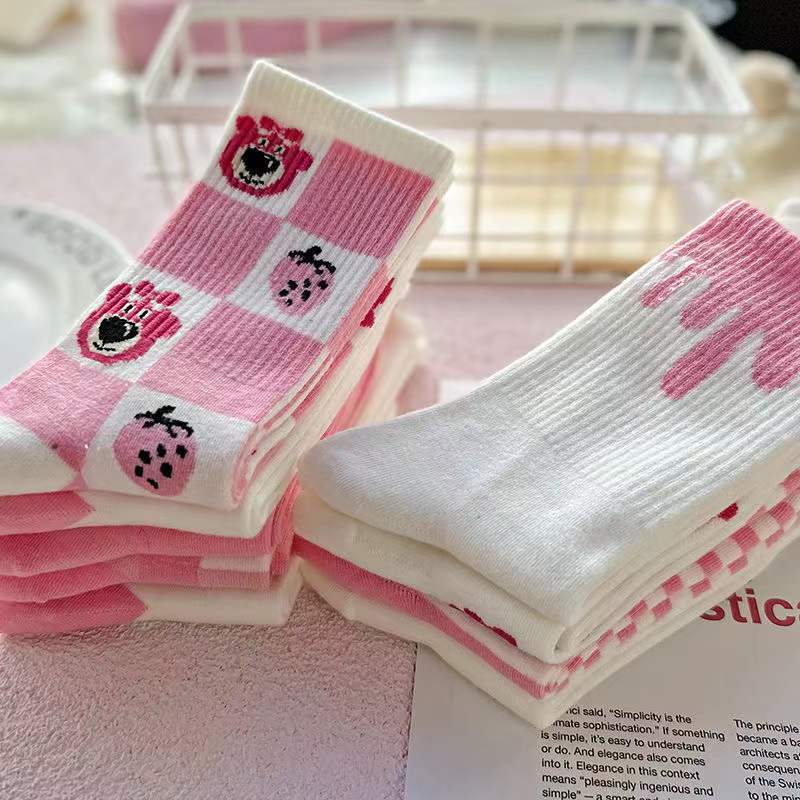 Cute Pink Strawberry Bear Crew Socks for Women