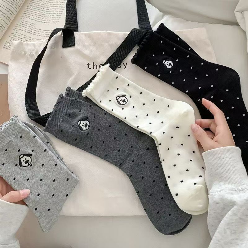Cute Embroidered Dog Polka Dot Crew Socks for Women