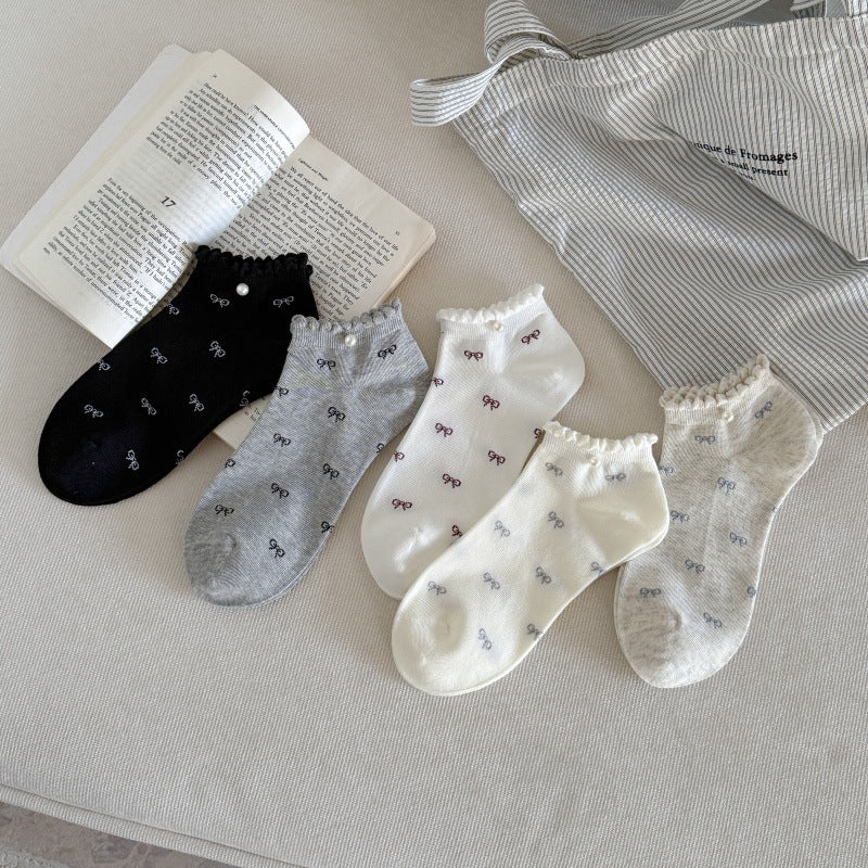 Bow Ruffle Ankle Socks for Women | Thin Summer Patterned Cotton Socks