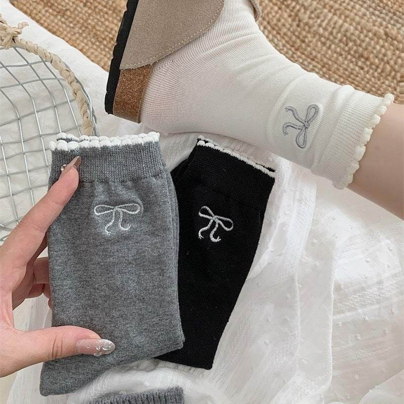 Embroidered Bow Cotton Crew Socks | Ruffle Trim Ballet Style for Women
