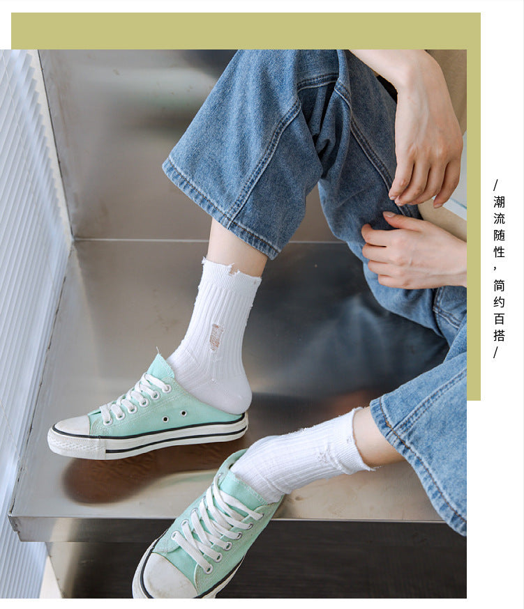 Distressed Ripped Crew Socks | Trendy Cotton Casual Everyday Socks