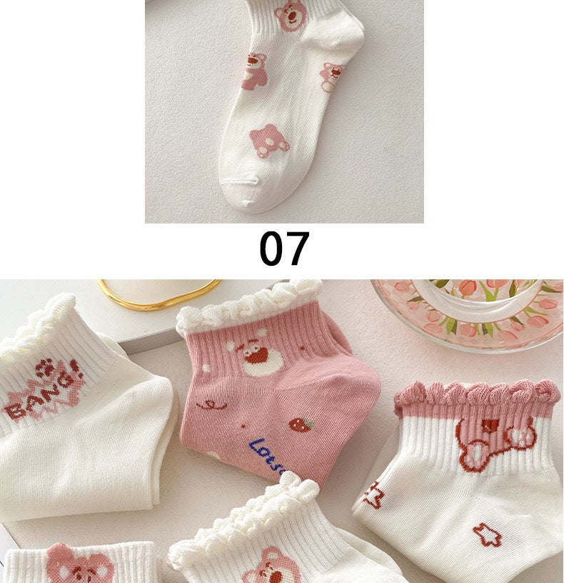 Cute Ruffled Ankle Socks for Women | Pink Strawberry Bear Cotton Socks