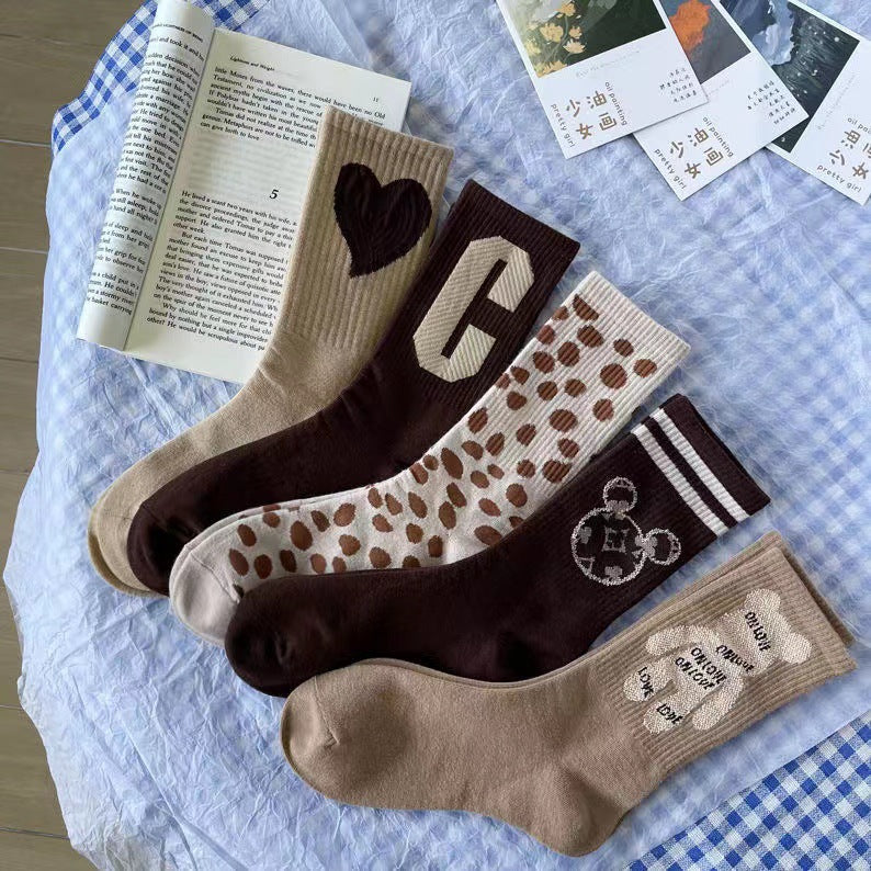 Cute Brown Patterned Crew Socks for Women | Soft Cotton