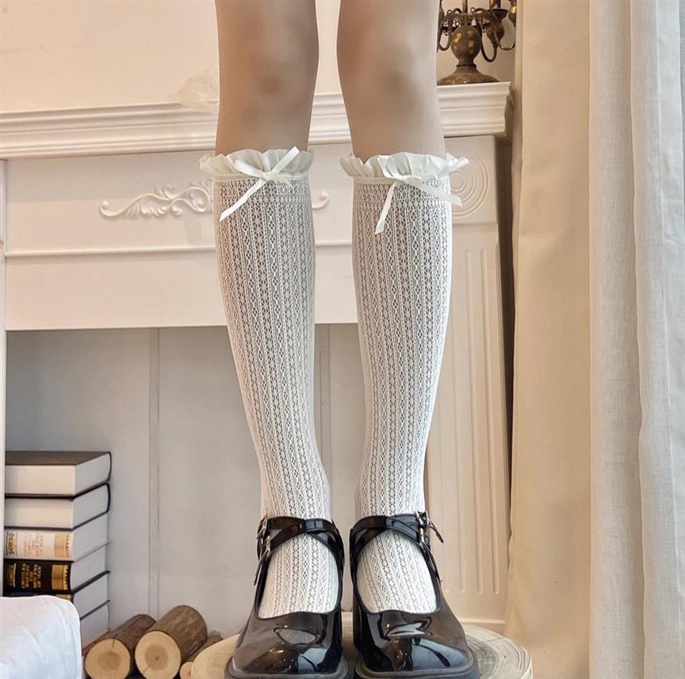 Lace Bow Ballet Crew Socks | Openwork Ruffle Socks for Women