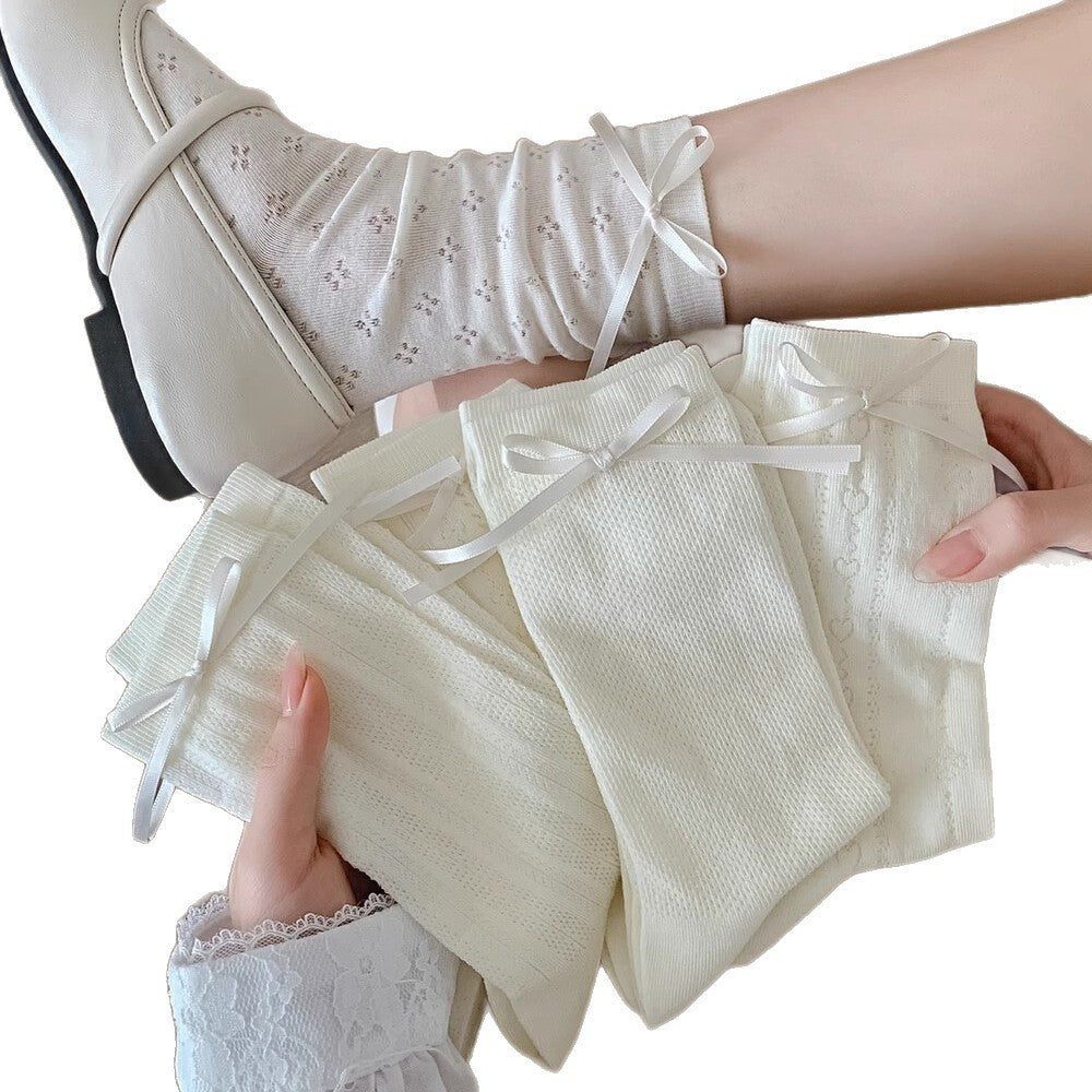 White Bow Crew Socks for Women | Breathable Summer Mid-Calf Socks