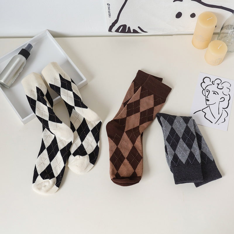 Vintage Argyle Crew Socks for Women | Retro Patterned Mid-Calf Socks