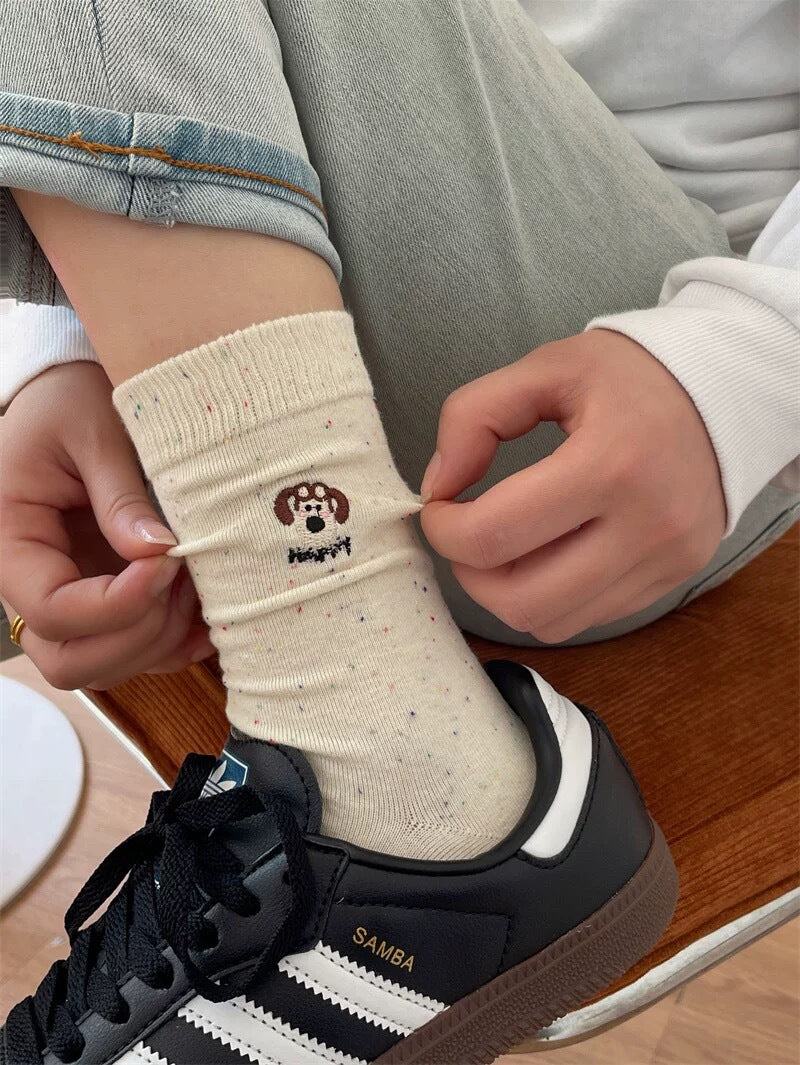 Cute Embroidered Crew Socks for Women | Soft Speckled Cotton Socks