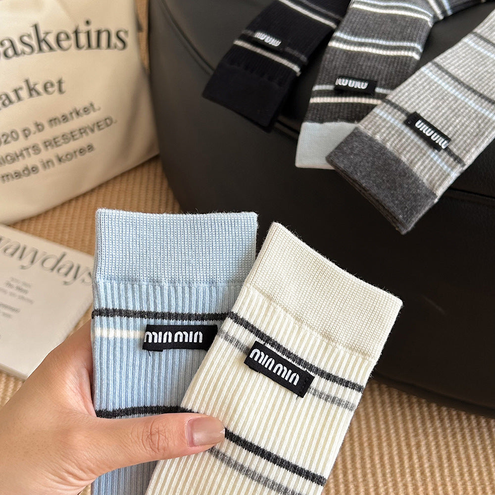 Women's Striped Cotton Crew Socks | Trendy Mid-Calf Socks