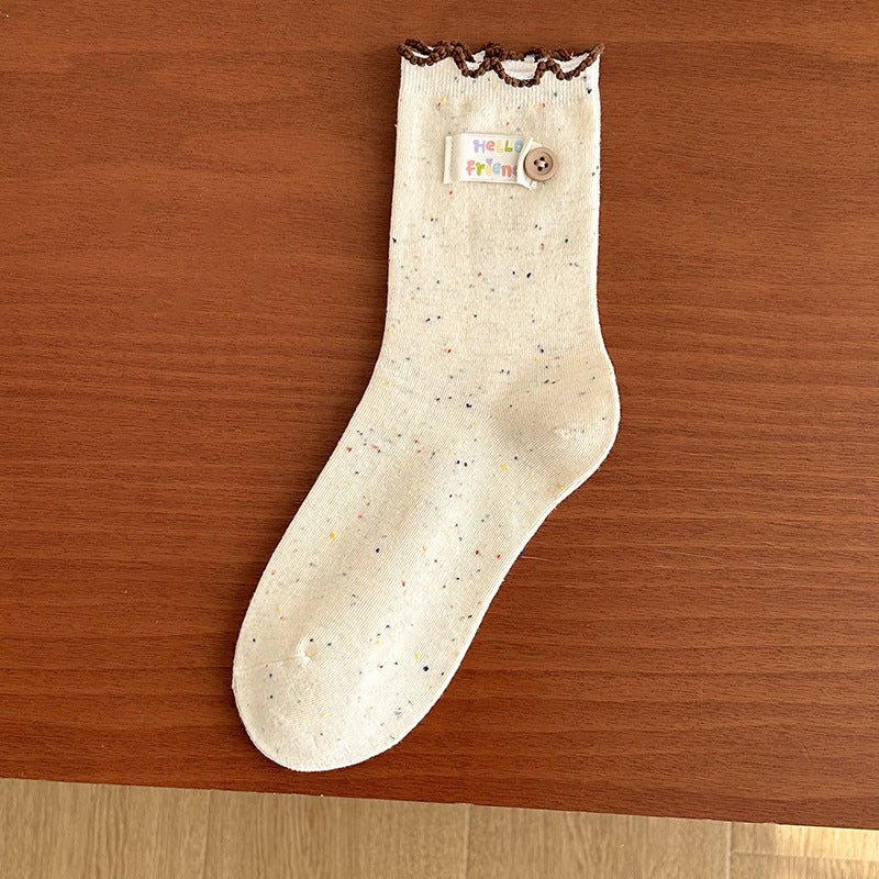 Cute Embroidered Cotton Crew Socks for Women | Ruffled Casual Socks