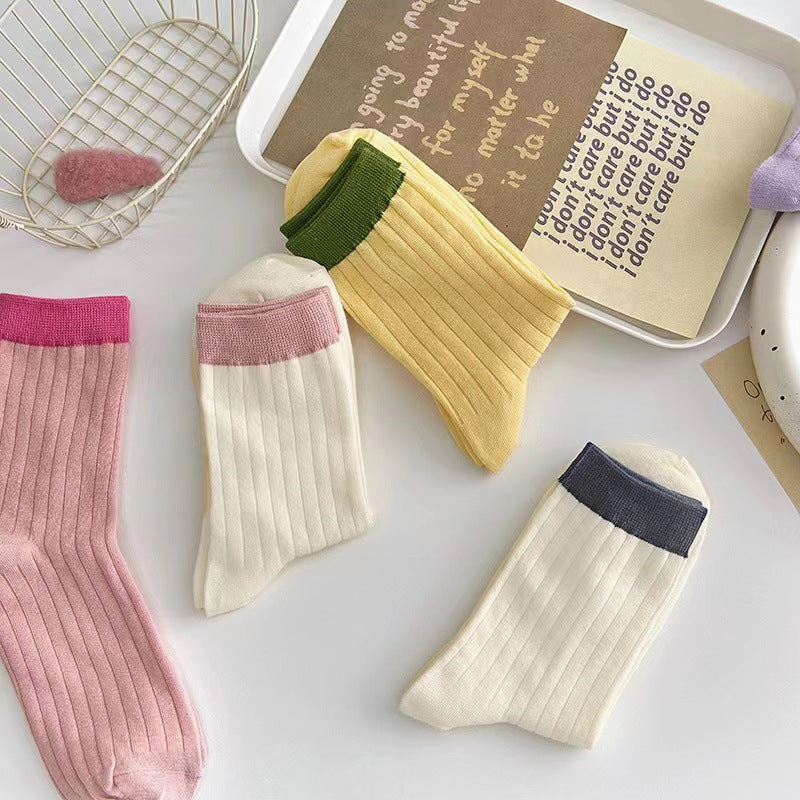Contrast Cuff Crew Socks for Women | Lightweight Striped Cotton Socks