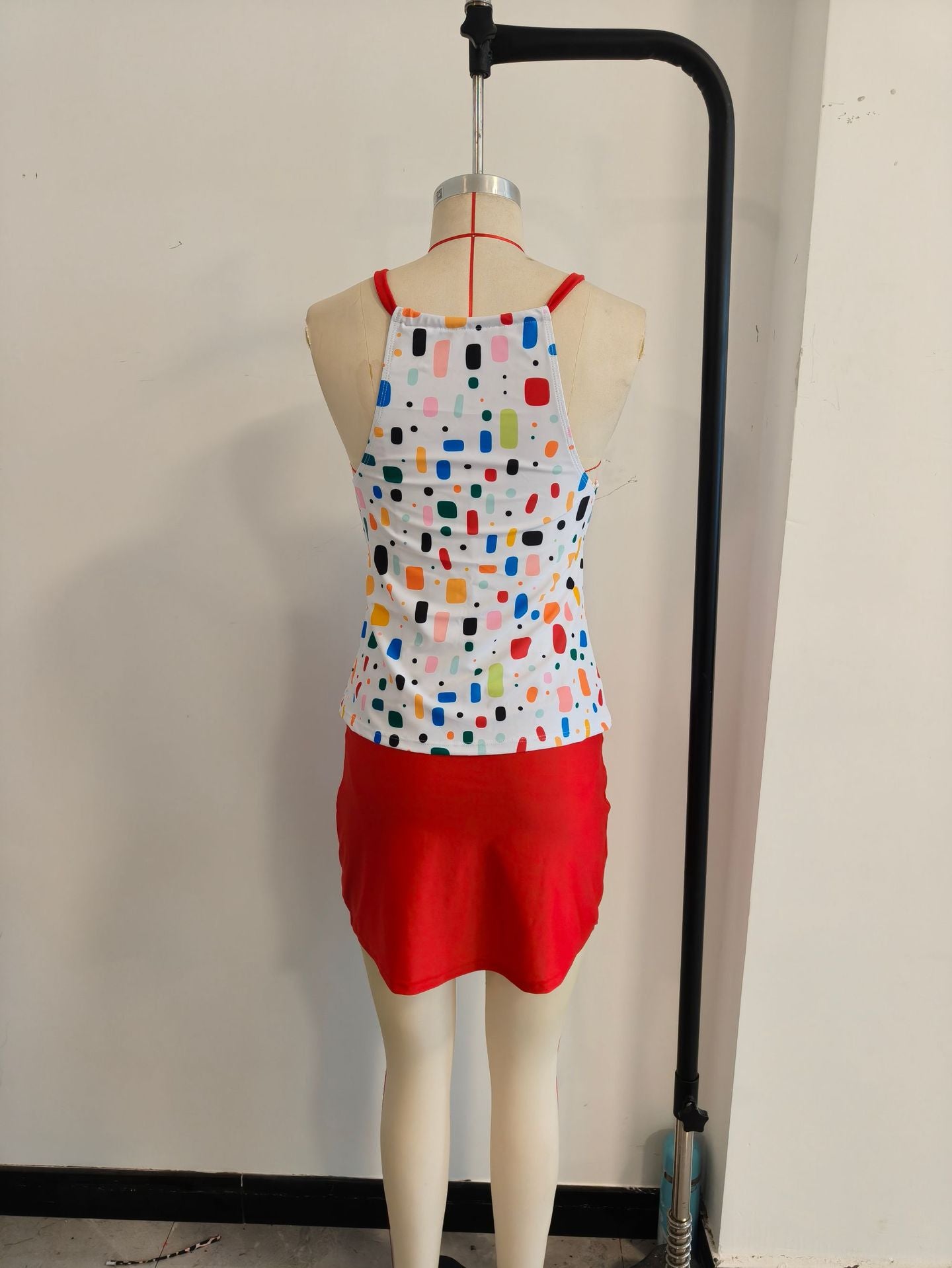 Polka Dot Halter Contrast Two-Piece Skirted Women's Swimwear