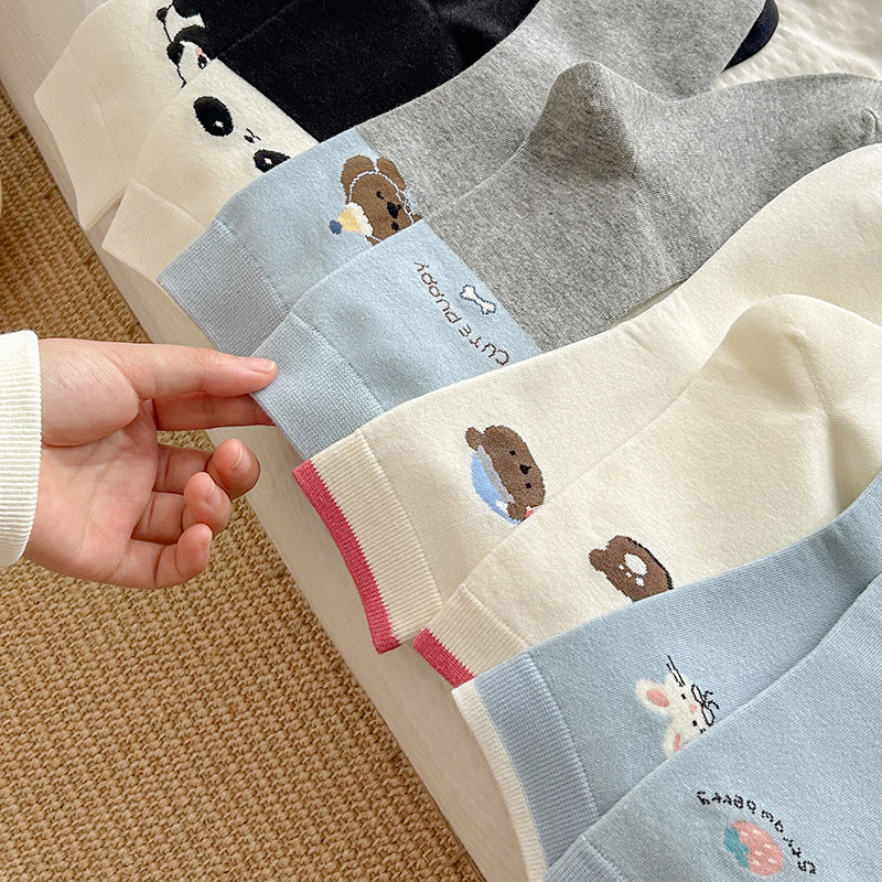 Cute Cartoon Cotton Crew Socks | Seamless Women's Mid Calf Socks