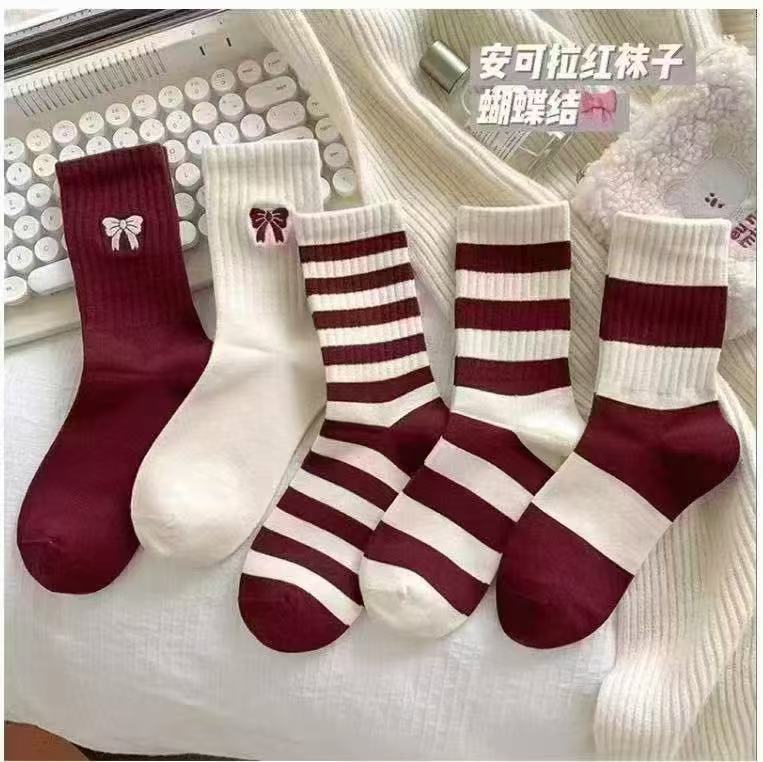 Women's Burgundy Striped Crew Socks | Soft Cotton Casual Socks