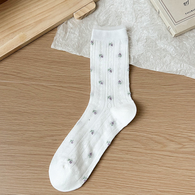Floral Mesh Cotton Crew Socks for Women | Breathable Spring Summer